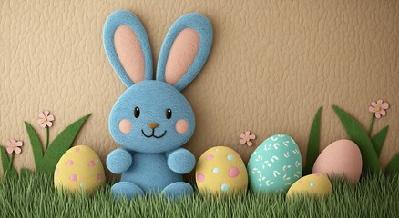 Poster - Endearing Blue Bunny Surrounded by Colorful Easter Eggs in Natural Environment : Generative AI