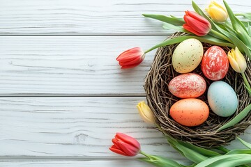 Poster - Beautifully decorated Easter eggs surrounded by spring tulips in a nest : Generative AI