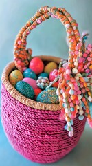 Poster - Stylish pink basket brimming with beautifully decorated Easter eggs creating a fun spring vibe for gatherings : Generative AI