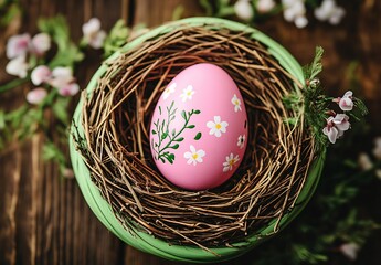 Poster - Charming pink Easter egg with floral designs nestled in a cozy twig nest on a rustic wooden surface : Generative AI
