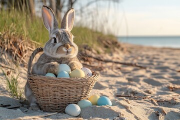 Aufkleber - Warm beach atmosphere with a fluffy bunny and brightly colored eggs creating a festive ambiance : Generative AI