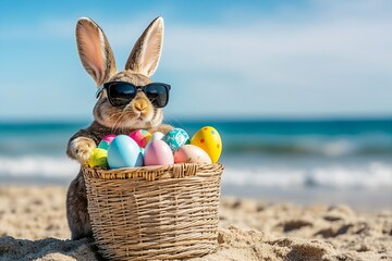 Poster - Cute rabbit in sunglasses enjoying a sunny day at the beach with a basket full of colorful Easter eggs : Generative AI