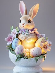 Poster - Charming bunny figure surrounded by pastel eggs and flowers in a soft glowing Easter themed display : Generative AI
