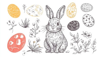 Poster - Whimsical Illustration of Bunny Surrounded by Vibrant Easter Eggs and Spring Flowers for Cheerful Celebration : Generative AI