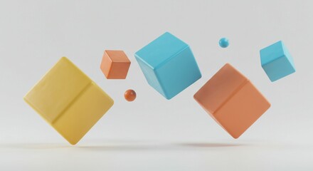 Poster - Abstract Pastel Cubes and Spheres Floating on White Background Modern Design 3D Render