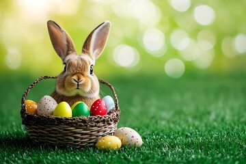 Aufkleber - Cute rabbit in a basket filled with colorful Easter eggs on a grassy field : Generative AI