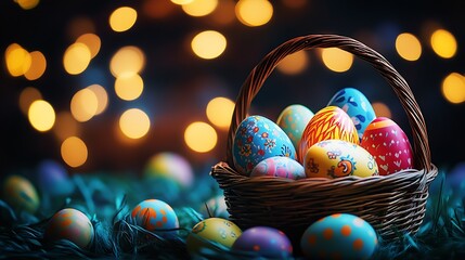 Poster - Vibrant Easter basket overflowing with intricately painted eggs on a soft green surface adorned with bokeh lights : Generative AI