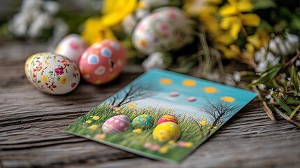 Poster - Whimsical Easter Arrangement with Colorful Eggs and Lush Spring Flowers on Wood : Generative AI