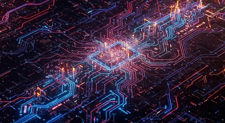 Poster - Abstract Glowing Circuit Board Technology Background Digital Data Network High Tech Microchip
