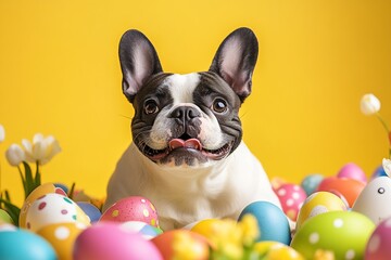 Poster - Happy French Bulldog Surrounded by Colorful Easter Eggs Against a Bright Yellow Background : Generative AI