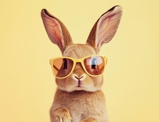 Aufkleber - Happy rabbit adorned in yellow sunglasses striking a delightful pose against sunny yellow background : Generative AI