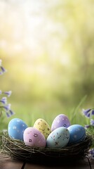 Aufkleber - Nest of Beautifully Painted Easter Eggs Surrounded by Greenery and Spring Blooms : Generative AI