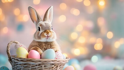 Poster - Adorable bunny surrounded by pastel Easter eggs in a charming basket with a dreamy background : Generative AI