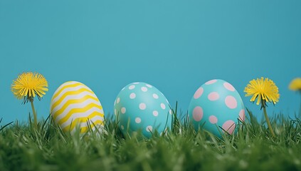 Poster - Three beautifully decorated Easter eggs nestled in lush green grass with vibrant dandelions : Generative AI