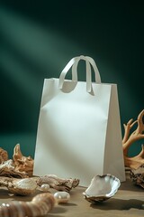 Poster - Charming white shopping bag set against a rich backdrop with seashells for an elegant presentation : Generative AI