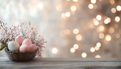 Aufkleber - Tasteful arrangement of pastel Easter eggs in a rustic basket surrounded by bright pink flowers creating a charming spring scene : Generative AI