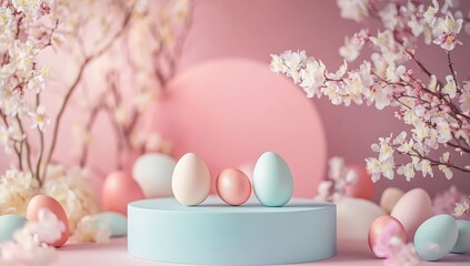 Poster - Elegant composition of minimalist Easter eggs on a soft pastel backdrop embellished with blossoming flowers : Generative AI