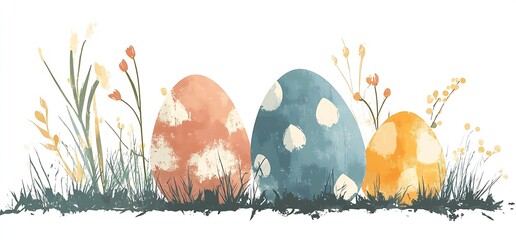 Poster - Beautifully Painted Easter Eggs in Soft Pastel Colors Surrounded by Lively Greenery and Flowers : Generative AI