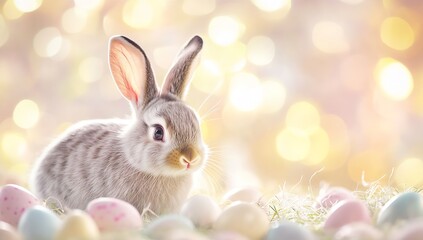 Aufkleber - Playful gray bunny nestled among colorful Easter eggs on a dreamy bokeh background : Generative AI