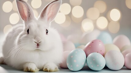 Poster - Charming white rabbit comfortably resting near vibrant Easter eggs and gentle bokeh lights : Generative AI