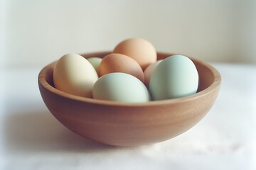 Poster - Tasteful and charming pastel eggs nestled in a warm wooden bowl on a bright backdrop bringing the joy of spring celebrations : Generative AI