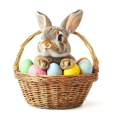 Poster - Sweet bunny resting in a basket surrounded by pastel colored Easter eggs presenting a springtime vibe : Generative AI