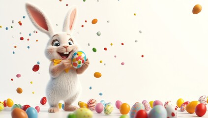 Poster - Cheerful cartoon rabbit holding colorful egg surrounded by festive Easter eggs in a joyful celebration : Generative AI