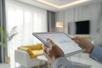 Poster - Business executive analyzing marketing data on tablet in modern office with stylish interior design