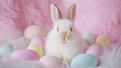 Poster - Sweet bunny sitting amidst pastel Easter eggs on a soft pink background creating a serene and festive atmosphere : Generative AI