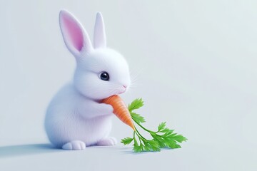 Poster - Charming fluffy rabbit holding a vibrant carrot with green foliage showcasing a playful atmosphere : Generative AI