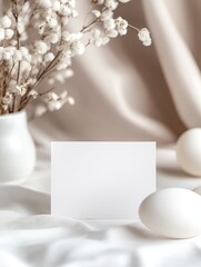 Poster - Charming still life of flowers and white eggs with a blank card for customization : Generative AI