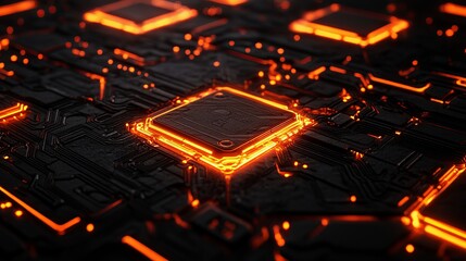 Poster - Abstract Dark Circuit Board Glowing Orange Lines Technology Background Digital Art Futuristic Design Modern Technology Innovation Electronic Network  