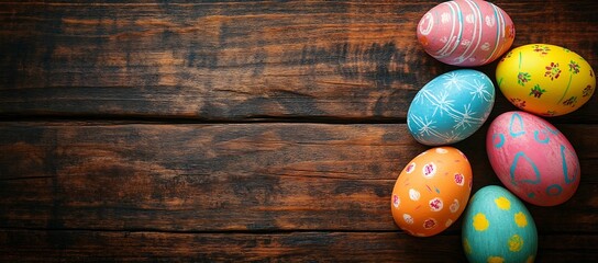 Aufkleber - Pastel colored Easter eggs embellished with various decorative patterns on wood : Generative AI