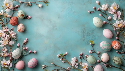 Poster - Charming pastel Easter eggs surrounded by blossoms on a textured turquoise background : Generative AI
