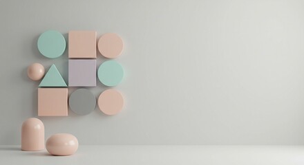Poster - Pastel Geometric Shapes Wall Arrangement Minimalist Modern Design Abstract Background