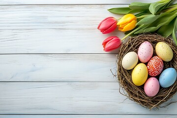 Poster - Charming Arrangement of Decorated Easter Eggs Nestled in a Cozy Nest with Spring Tulips : Generative AI