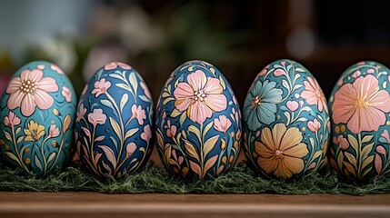 Poster - Elegant Display of Hand-Painted Easter Eggs Showcasing Intricate Floral Designs and Soft Colors : Generative AI