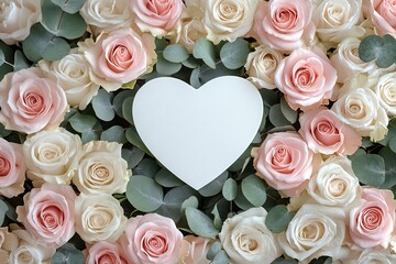 Poster - Elegant white heart surrounded by delicate pink and white roses on a soft pastel backdrop : Generative AI