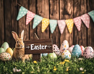 Poster - Charming Easter scene with a playful rabbit and beautifully decorated eggs under colorful bunting : Generative AI