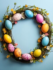 Poster - Elegant Easter Egg Wreath Adorned with Brightly Colored Eggs and Yellow Flowers on a Blue Base : Generative AI