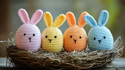Aufkleber - Colorful Crochet Bunnies Nesting Together in a Charming Display for Spring Festivities : Generative AI