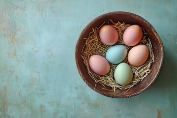 Poster - Delicate array of pastel Easter eggs tucked inside a rustic wooden bowl on a textured teal surface : Generative AI