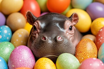 Aufkleber - Sweet baby hippopotamus surrounded by a rainbow of colorful Easter eggs in playful setting : Generative AI
