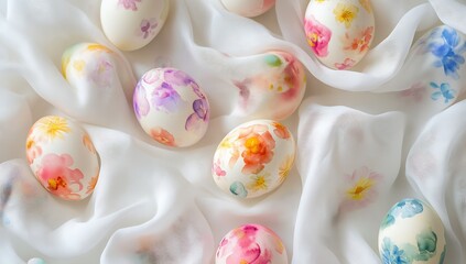 Poster - Aesthetic Display of Decoratively Painted Easter Eggs on Soft Fabric for Vibrant Spring Celebrations : Generative AI