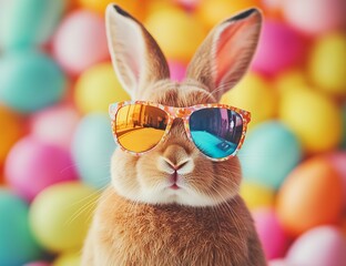 Aufkleber - Adorable rabbit wearing colorful sunglasses against bright spring background with pastel eggs : Generative AI