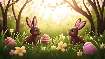 Aufkleber - Charming bunnies playing amidst flowers and decorated eggs in a soft glowing spring environment : Generative AI