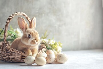 Poster - Playful Brown Bunny Resting in a Natural Basket Surrounded by Easter Eggs on a Soft Textured Surface : Generative AI
