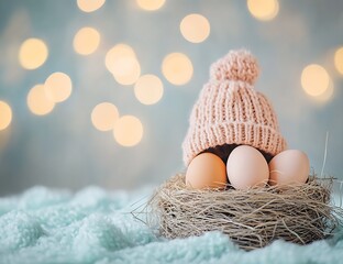 Poster - Simple yet elegant Easter arrangement featuring eggs in a rustic nest adorned with a soft pink knitted cap enhancing warmth : Generative AI