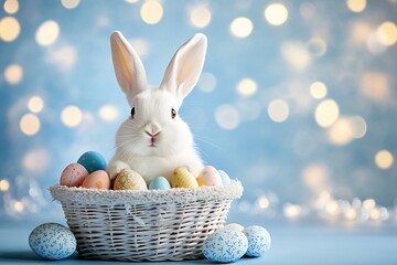 Poster - Cute white rabbit sitting in a basket filled with colorful Easter eggs on a soft blue background : Generative AI