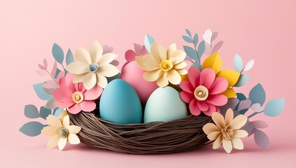 Poster - Delightful Easter Eggs Surrounded by Fresh Blooms in a Nest on a Pink Background Perfect for Spring Festivities : Generative AI